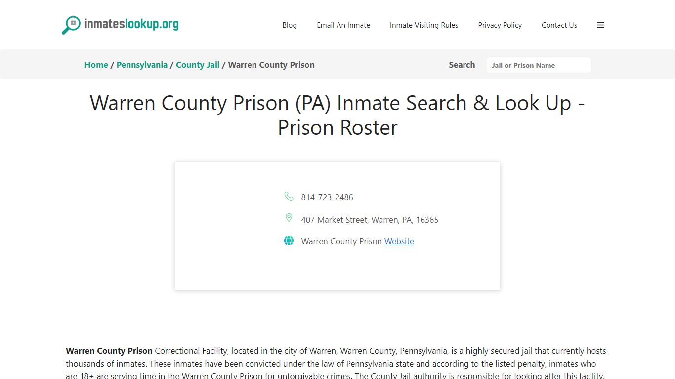 Warren County Prison (PA) Inmate Search & Look Up - Prison Roster