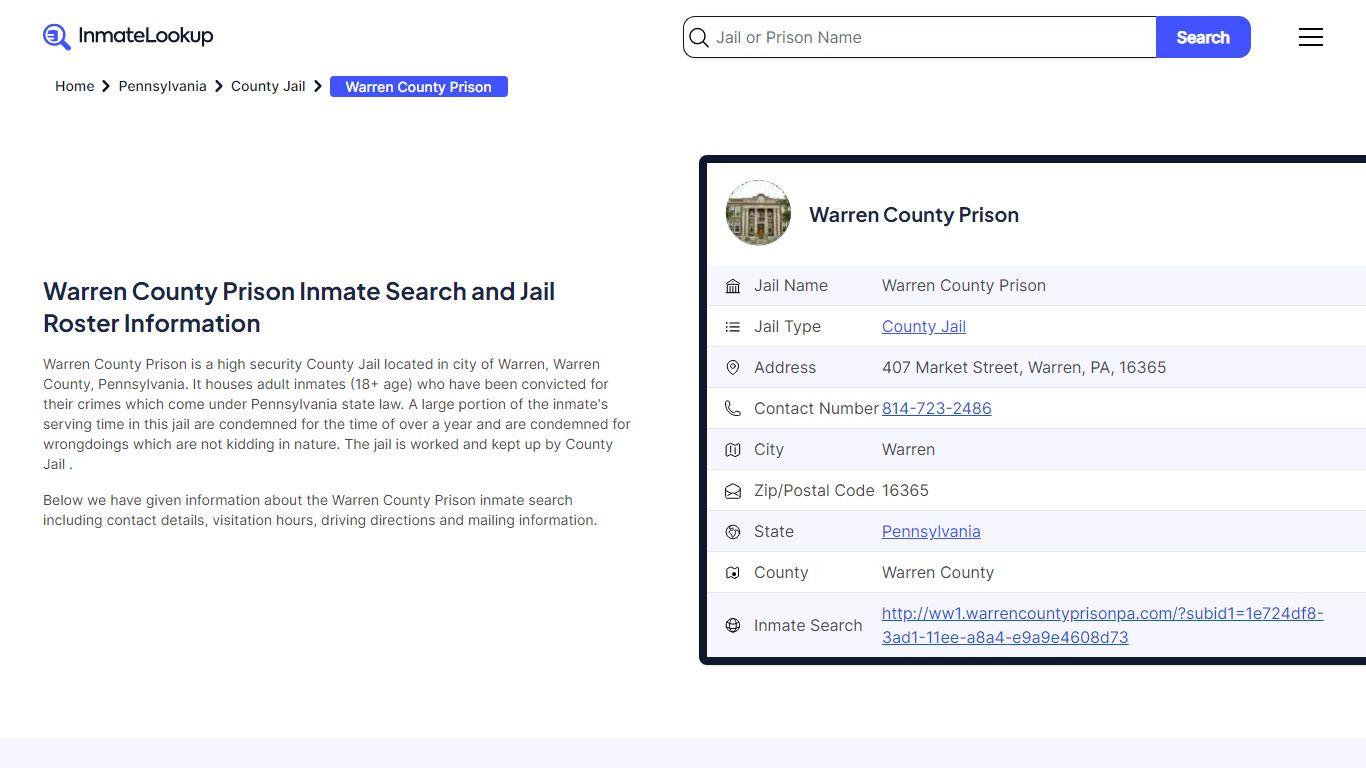 Warren County Prison (PA) Inmate Search Pennsylvania - Inmate Lookup